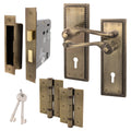 Georgian Rope Edge Scroll Antique Brass Door Handle Pack - 80mm Sashlock