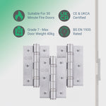 Satin Chrome Fire Door Hinges - 3 Inch/76mm - Grade 7 Steel Ball Bearing - Pack of 3 Hinges - tradefit - 3