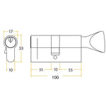 5 Pin 40/60mm 100mm [35+55+10mm] Euro Cylinder and Turn - Keyed Alike - Polished Chrome - tradefit - 2