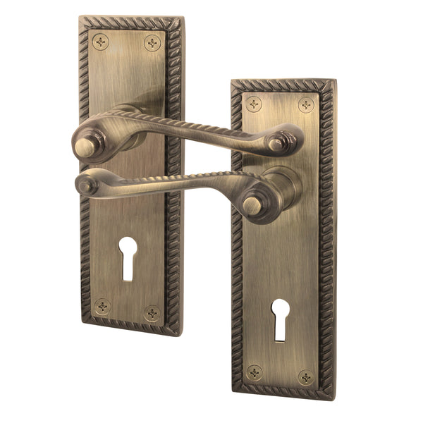 Georgian Rope Edge Scroll Antique Brass Lock Door Handles - Keyhole - tradefit - Featured Image