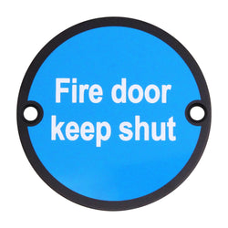 Circular Disc Fire Door Signage - 76mm x 1.5mm - Screw Fixed - Fire Door Keep Shut - Matt Black - tradefit