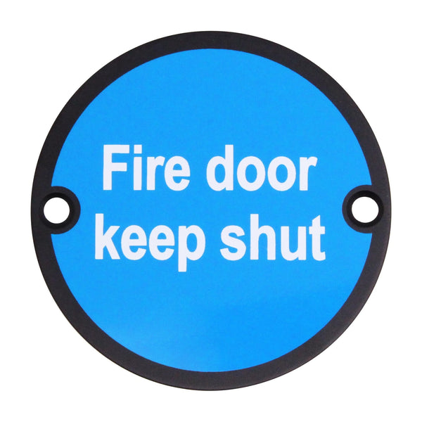 Circular Disc Fire Door Signage - 76mm x 1.5mm - Screw Fixed - Fire Door Keep Shut - Matt Black - tradefit - Featured Image