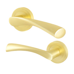 Nola Satin Brass Lever on Rose Door Handles - Standard Duty FD30/60 Rated - tradefit