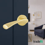 Nola Satin Brass Lever on Rose Door Handle Pack - 64mm Latch - tradefit - 6