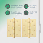 Satin Brass Fire Door Hinges – 4 Inch/102mm – Grade 11 Steel Ball Bearing – Pack 2 - tradefit - 4