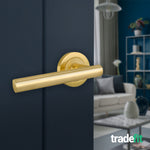 Olbia Satin Brass Lever on Rose Door Handle Pack - 64mm Latch - 6