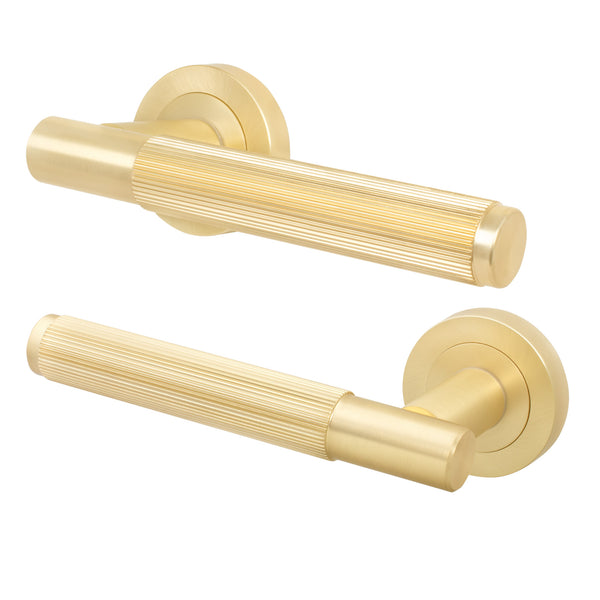 Aurora Satin Brass Lever on Rose Door Handles - Heavy Duty - FD30/60 Rated - Featured Image
