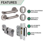 Return To Door Lever on Rose Handle Euro Cylinder Keyed Alike Set - Satin Stainless Steel - 57mm Backset Lock - tradefit - 2