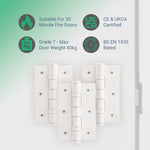 White Fire Door Hinges - 3 Inch/76mm - Grade 7 Steel Ball Bearing - Pack of 3 Hinges - tradefit - 3