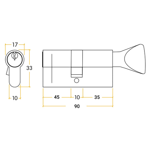 5 Pin 50/40mm 90mm [45+35+10mm] Euro Cylinder and Turn - Keyed Alike - Polished Chrome - tradefit
