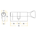 5 Pin 30/40mm 70mm [25+35+10mm] Euro Cylinder and Turn - Keyed Alike - Polished Brass - tradefit