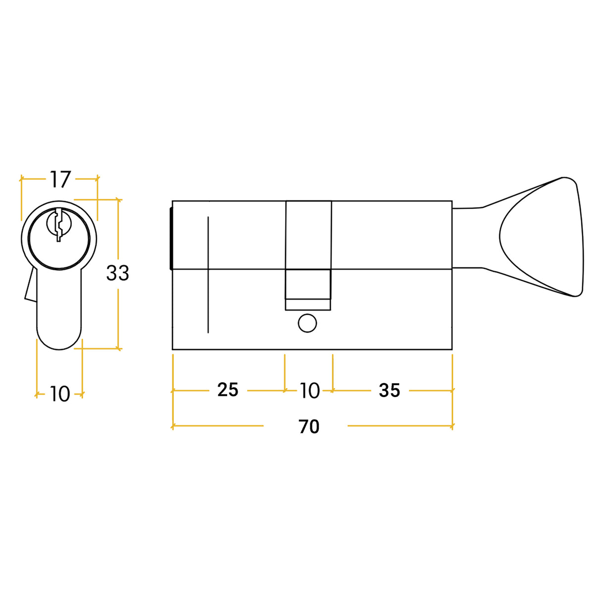 5 Pin 30/40mm 70mm [25+35+10mm] Euro Cylinder and Turn - Keyed Alike - Polished Brass - tradefit