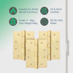 Satin Brass Fire Door Hinges – 4 Inch/102mm – Grade 11 Steel Ball Bearing – Pack of 3 Hinges - tradefit - 3