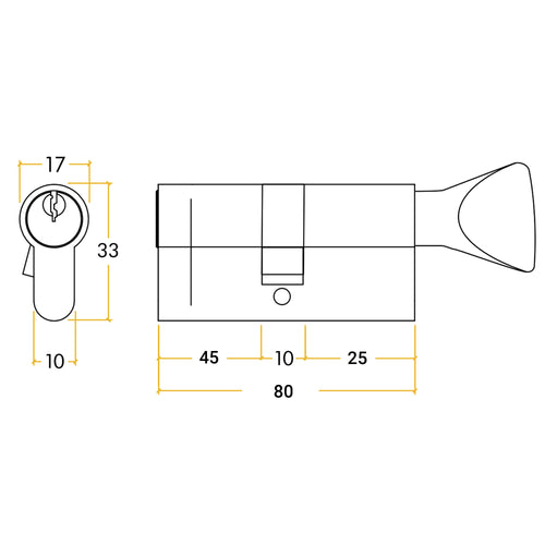 5 Pin 50/30mm 80mm [45+25+10mm] Euro Cylinder and Turn - Master Keyed - Satin Chrome - tradefit