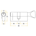5 Pin 50/30mm 80mm [45+25+10mm] Euro Cylinder and Turn - Keyed to Differ - Satin Chrome - tradefit