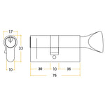 5 Pin 35/40mm 75mm [30+35+10mm] Euro Cylinder and Turn - Master Keyed - Satin Chrome - tradefit - 2