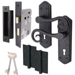 Curly Black Antique Lever on Backplate Sash Lock Kit / Pack - 80mm Lock - 76mm Hinges - Black - tradefit - 1