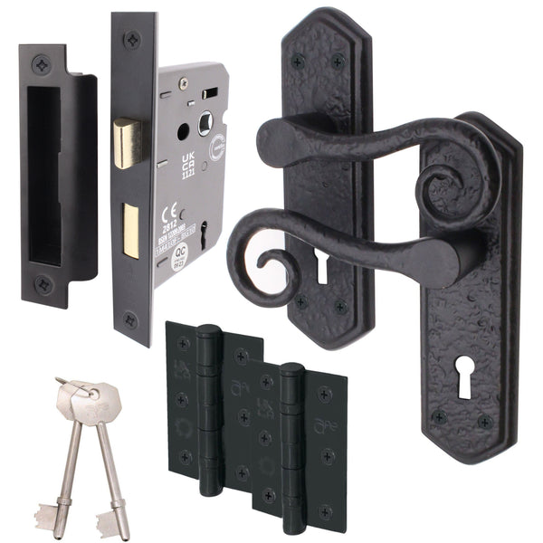 Curly Black Antique Lever on Backplate Sash Lock Kit / Pack - 80mm Lock - 76mm Hinges - Black - tradefit - Featured Image