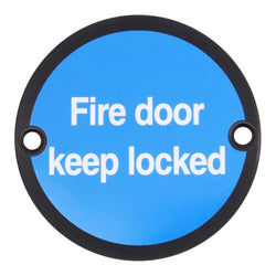 Circular Disc Fire Door Signage - 76mm x 1.5mm - Screw Fixed - Fire Door Keep Locked - Matt Black - tradefit