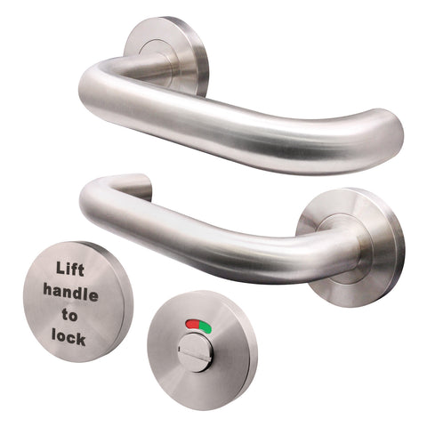 Lift To Lock Disabled Bathroom Toilet Door Lever Handle - 19mm - Satin Stainless Steel - tradefit