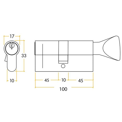 5 Pin 50/50mm 100mm [45+45+10mm] Euro Cylinder and Turn - Master Keyed - Polished Brass - tradefit