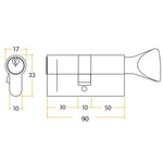 5 Pin 35/55mm 90mm [30+50+10mm] Euro Cylinder and Turn - Keyed to Differ - Satin Chrome - tradefit - 2