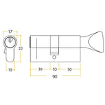 5 Pin 35/55mm 90mm [30+50+10mm] Euro Cylinder and Turn - Keyed to Differ - Polished Brass - tradefit - 2