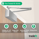 Commercial Grade Fire Door Closer - Power Size 2 - 5 - Door Weight to 100kg - CE Marked - Silver - tradefit - 6