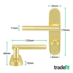 Olbia Satin Brass Lever on Backplate Door Handle Pack – 64mm Bathroom Lock - tradefit - 2