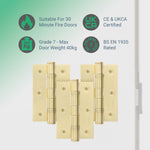 Satin Brass Fire Door Hinges - 3 Inch/76mm - Grade 7 Steel Ball Bearing - Pack of 3 Hinges - tradefit - 3
