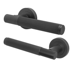 Aurora Matt Black Lever on Rose Door Handles - Heavy Duty - FD30/60 Rated