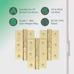Polished Brass Fire Door Hinges - 3 Inch/76mm - Grade 7 Steel Ball Bearing - Pack of 3 Hinges - tradefit - 3