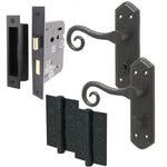 Curly Black Antique Lever on Backplate Bathroom Kit / Pack - 80mm Lock - 76mm Hinges - Black - tradefit - 1