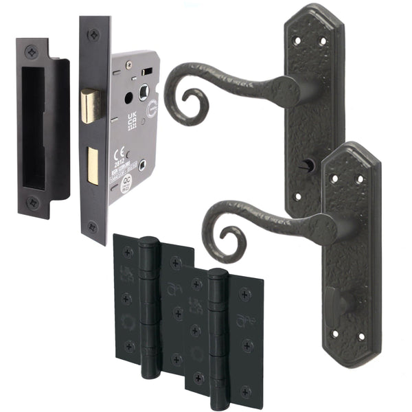 Curly Black Antique Lever on Backplate Bathroom Kit / Pack - 80mm Lock - 76mm Hinges - Black - tradefit - Featured Image