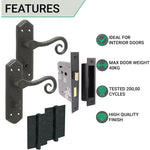 Curly Black Antique Lever on Backplate Bathroom Kit / Pack - 80mm Lock - 76mm Hinges - Black - tradefit - 2