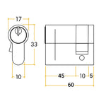 5 Pin 30/30mm 60mm [45+5+10mm] Euro Single Cylinder - Keyed to Differ - Polished Brass - tradefit - 2