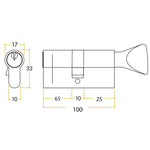 5 Pin 70/30mm 100mm [65+25+10mm] Euro Cylinder and Turn - Keyed to Differ - Satin Chrome - tradefit - 2