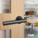 Mitre Matt Black Lever on Rose Door Handle Kit - Medium Duty FD30/60 - 76mm Latch - tradefit - 7