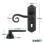 Black Iron Lever Door Handles on Backplate Curly Tail Pattern Lock Kit / Pack - 80mm Lock & 76mm Hinge - Black - tradefit - 2