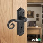 Black Iron Lever Door Handles on Backplate Curly Tail Pattern Lock Kit / Pack - 80mm Lock & 76mm Hinge - Black - tradefit - 6