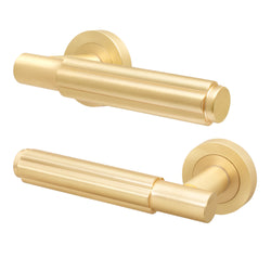 Flores Satin Brass Lever on Rose Door Handles - Heavy Duty - FD30/60 Rated - tradefit