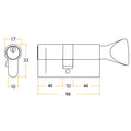 5 Pin 45/45mm 90mm [40+40+10mm] Euro Cylinder and Turn - Keyed to Differ - Satin Antique Brass - tradefit