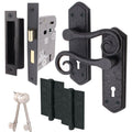 Curly Black Antique Lever on Backplate Sash Lock Kit / Pack - 64mm Lock - 76mm Hinges - Black