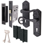 Curly Black Antique Lever on Backplate Sash Lock Kit / Pack - 64mm Lock - 76mm Hinges - Black - tradefit - 1