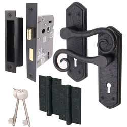 Curly Black Antique Lever on Backplate Sash Lock Kit / Pack - 64mm Lock - 76mm Hinges - Black - tradefit