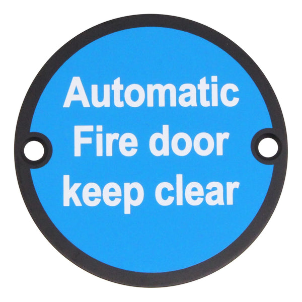 Circular Disc Fire Door Signage - 76mm x 1.5mm - Screw Fixed - Automatic Fire Door Keep Clear - Matt Black - tradefit - Featured Image