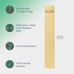 Engraved Push Finger Plate - 425 x 75 x 1.2mm Radius Corners - PVD Polished Brass - tradefit - 2