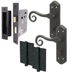 Curly Black Antique Lever on Backplate Bathroom Kit / Pack - 64mm Lock - 76mm Hinges - Black - tradefit - 1