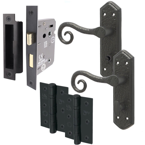 Curly Black Antique Lever on Backplate Bathroom Kit / Pack - 64mm Lock - 76mm Hinges - Black - tradefit - Featured Image