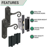 Curly Black Antique Lever on Backplate Bathroom Kit / Pack - 64mm Lock - 76mm Hinges - Black - tradefit - 2